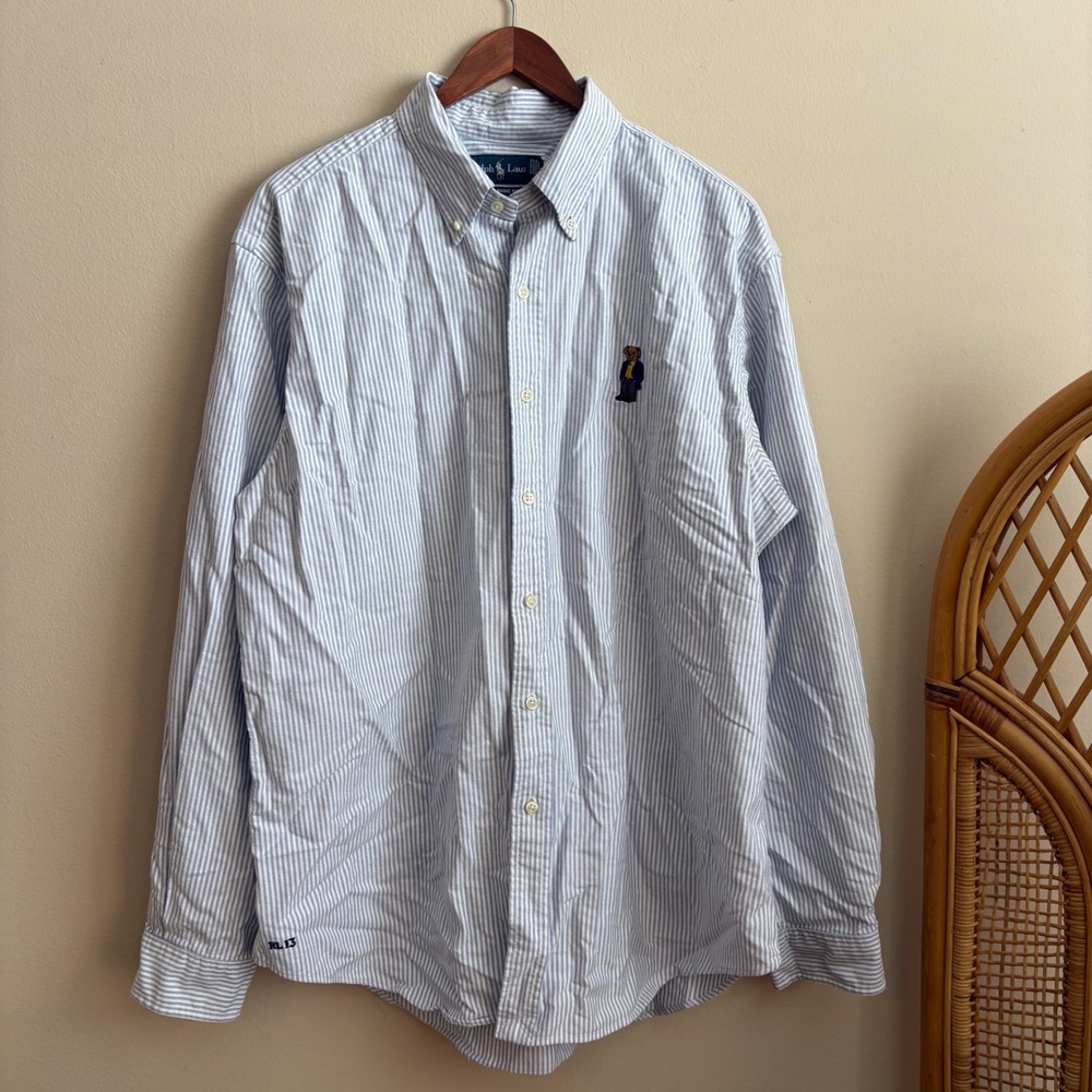 Vtg 90's Polo Ralph Lauren Mens Preppy Polo Bear Embroidered Oxford Button Shirt